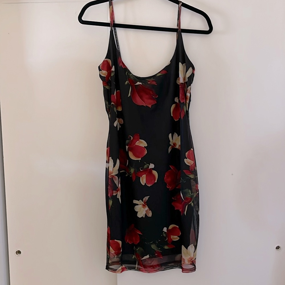 Missguided Black Mesh Floral Rose Print Bodycon Dress